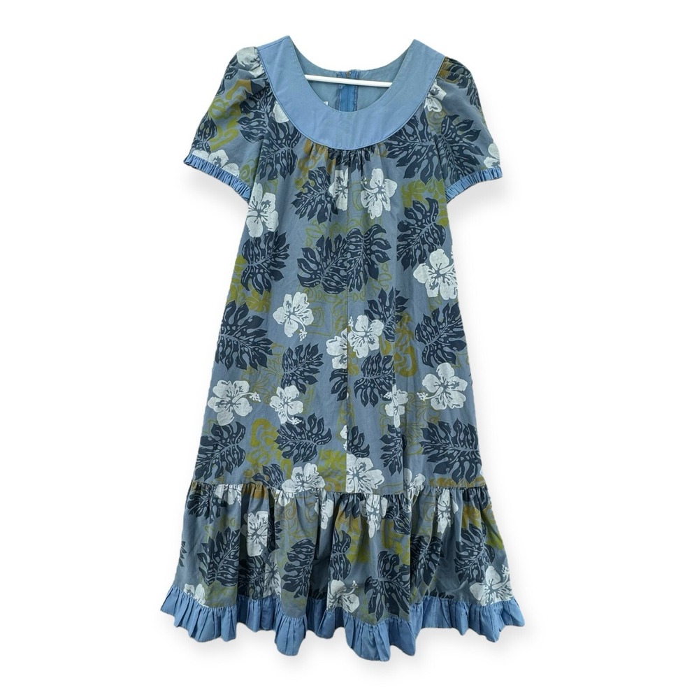 Vintage Good Times Hawaiian Dress Womens Small Midi Muumuu Blue Floral Ruffle